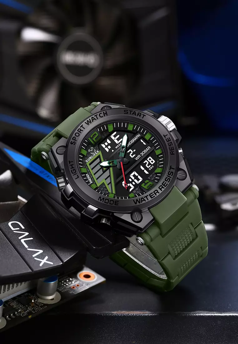 Jam Tangan Pria Analog&Digital Multifungsi Tali Silikon Anti Air Jam Tangan Cowok greenblack