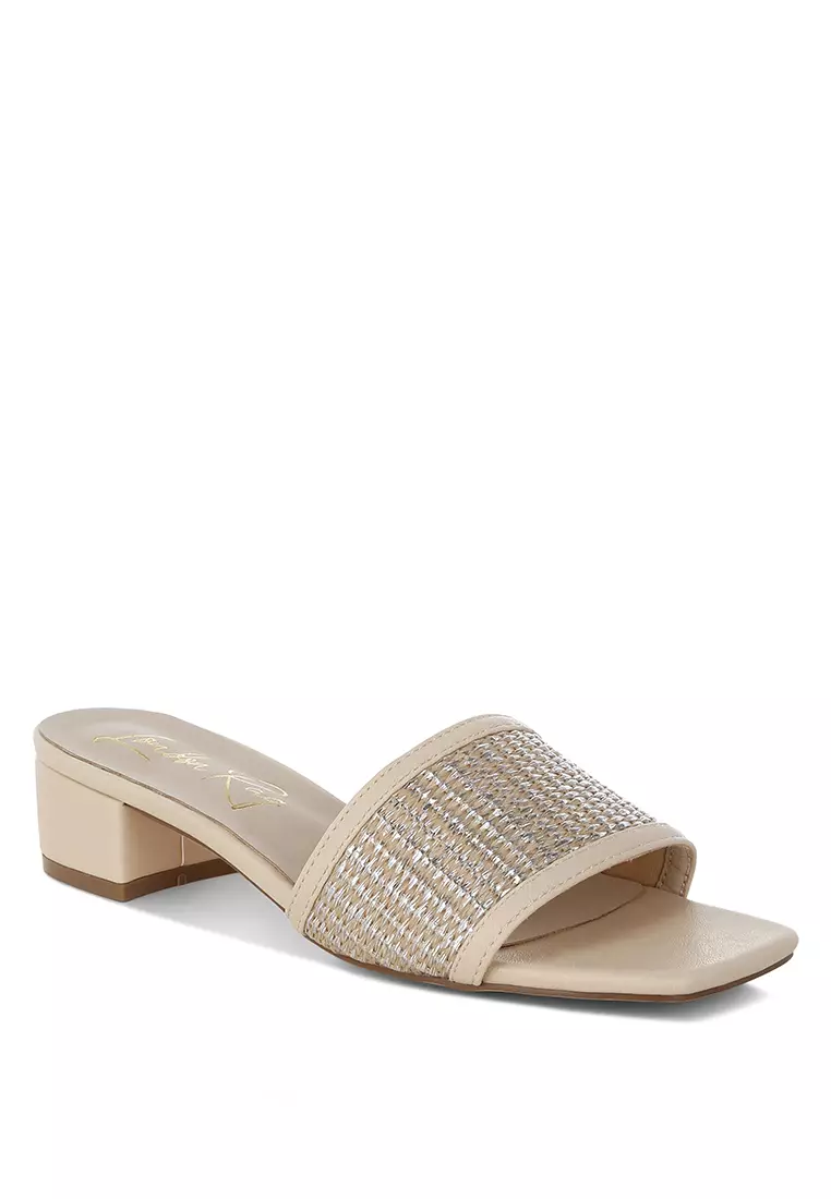 Raffia Slip On Sandals In Beige