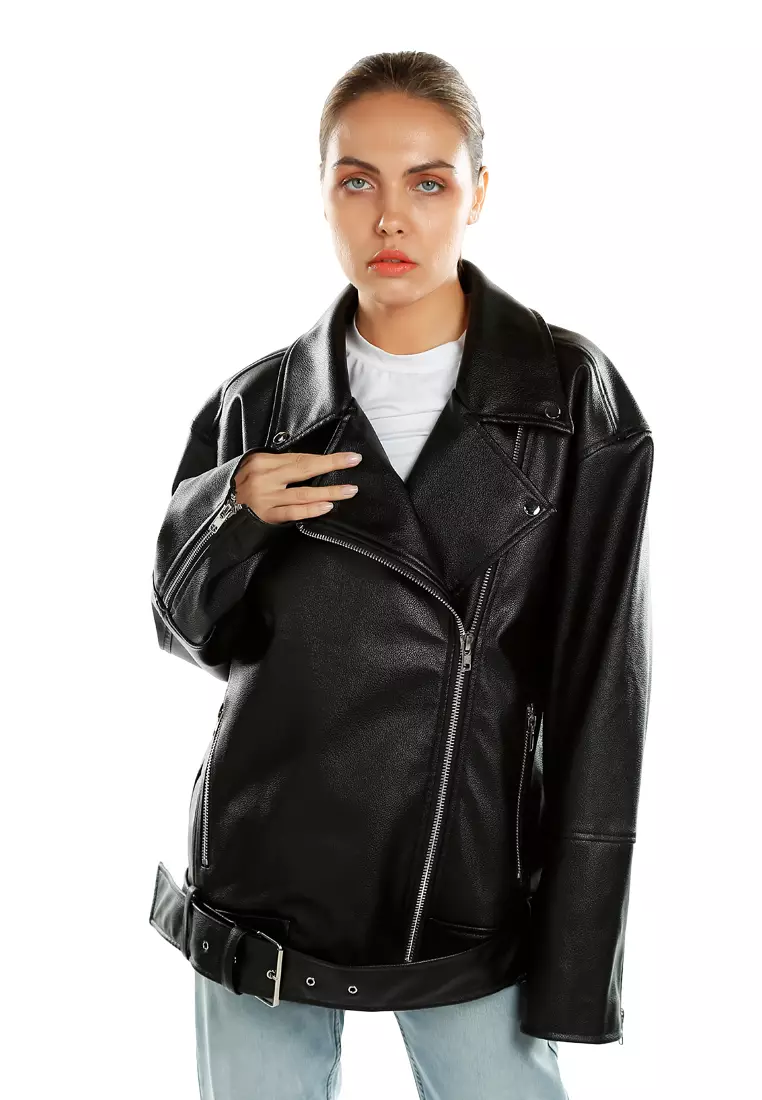 Jaket Biker Besar Berikat Pinggang Warna Hitam