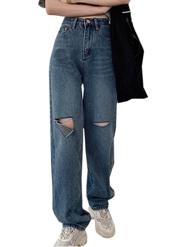 Buy Sunnydaysweety High Rise Ripped Loose Straight Leg Jeans A Online Zalora Singapore