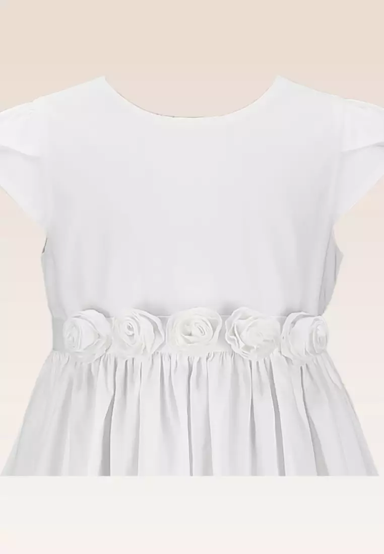 Harriet Communion White Girls Dress with Grosgrain Ribbon Belt and Flower details