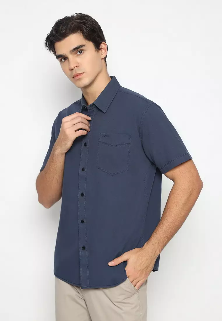 POLICE Kemeja Polos Cotton Biru Tua Regular Fit Pria
