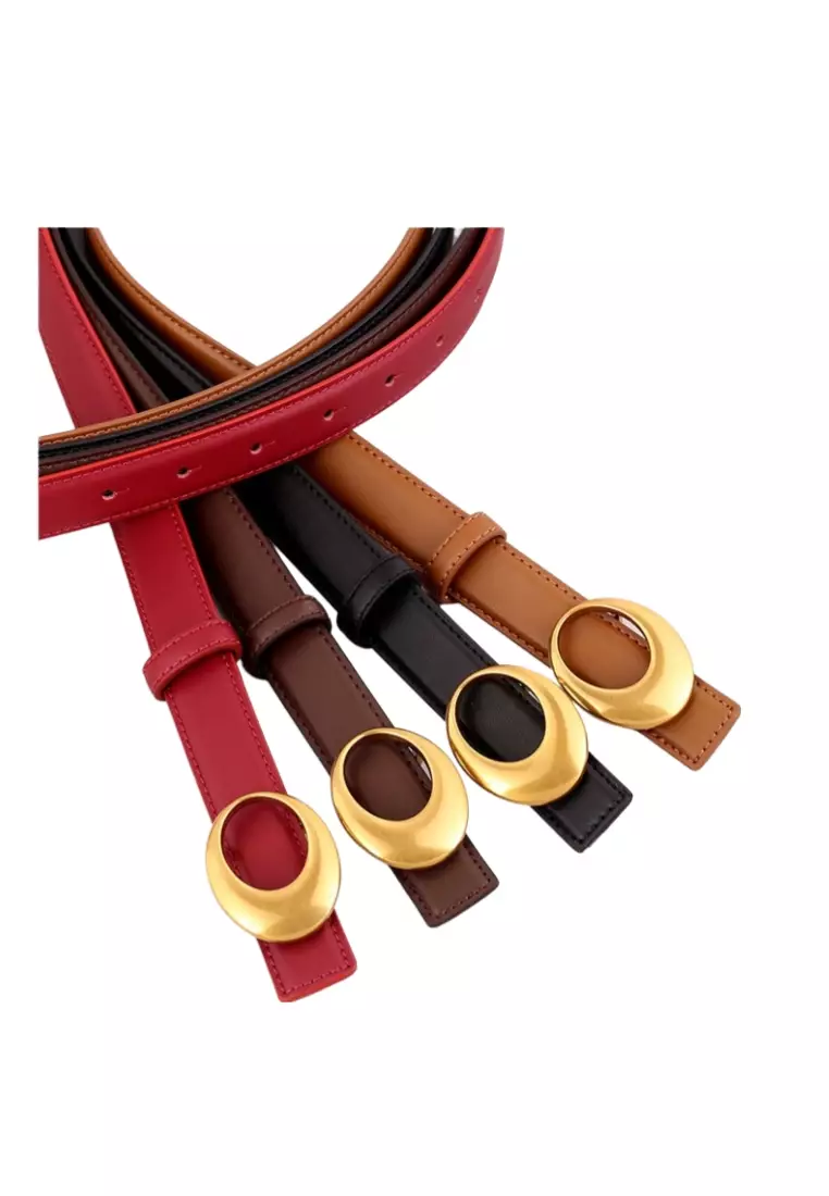 Genuine leather belt for women with vintage gold arc buckle decoration