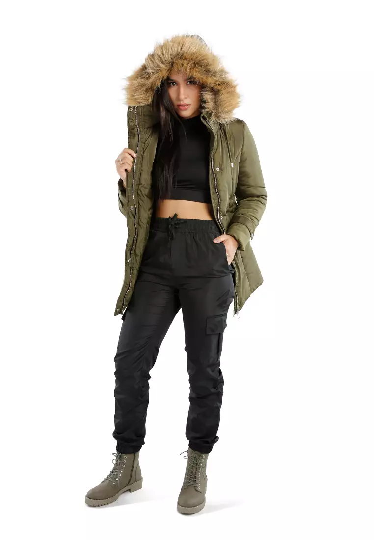 卡其色長款羽絨夾克連帽衫