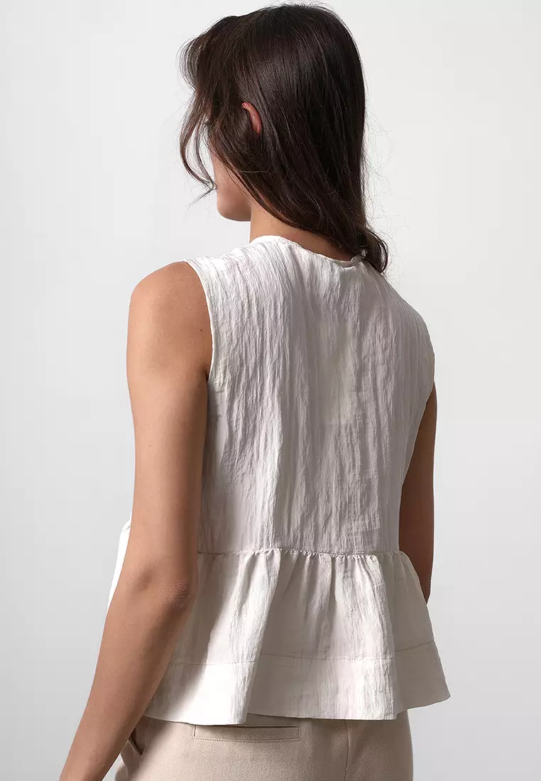 Beige Front Tie Detail Gathered Crop Woven Blouse TWOSS25BZ00156