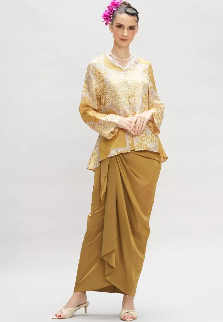 Premium Batik Mustard Kebaya & Satin Wrap Skirt Modern Baju Kurung