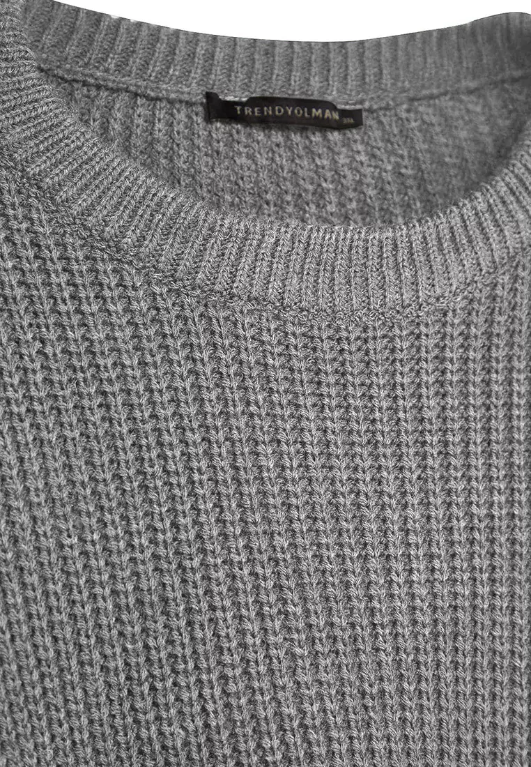 Men's Oversize Gray Knitwear Sweater - Crew Neck, Plus Size Tmnaw24An00001