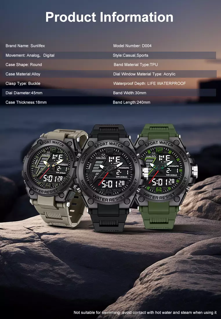 Jam Tangan Pria Analog&Digital Multifungsi Tali Silikon Anti Air Jam Tangan Cowok khakiblack