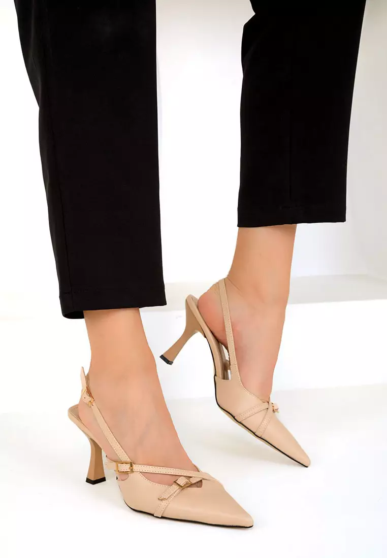 Faux Patent Leather Heels with Buckles Detail