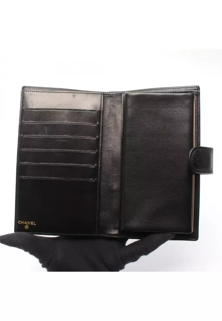 Pre-Loved Chanel coco mark Bi-fold Long Wallet Caviar skin black gold hardware