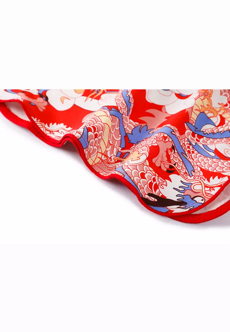 女童紅藍龍印花漢服唐裝旗袍裙新年拜年衣服