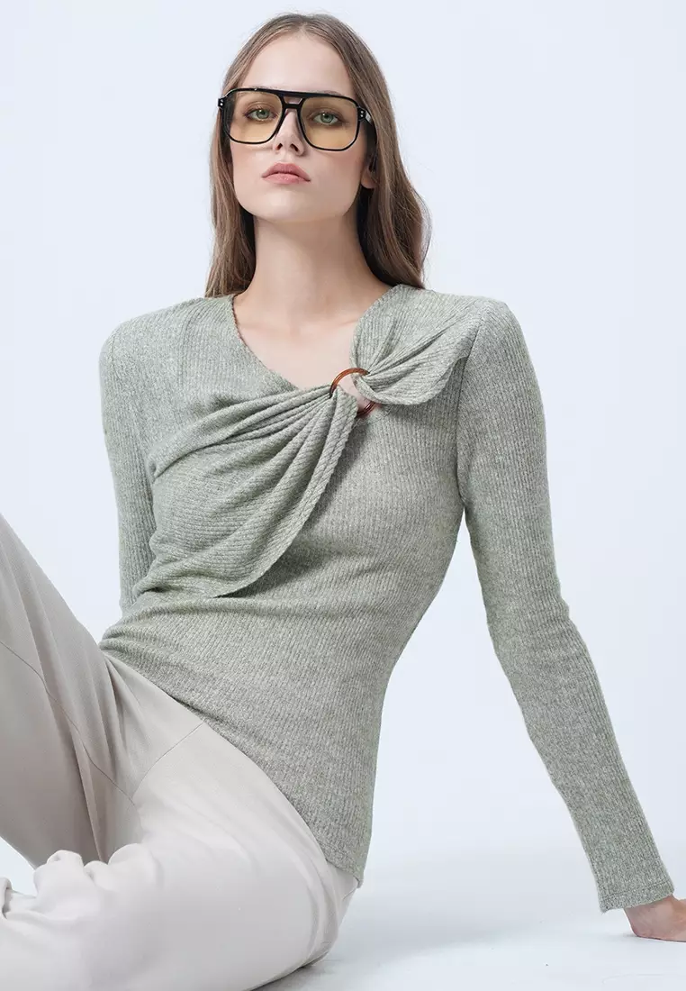 Accessory Detailed Asymmetrical Gathered Blouse