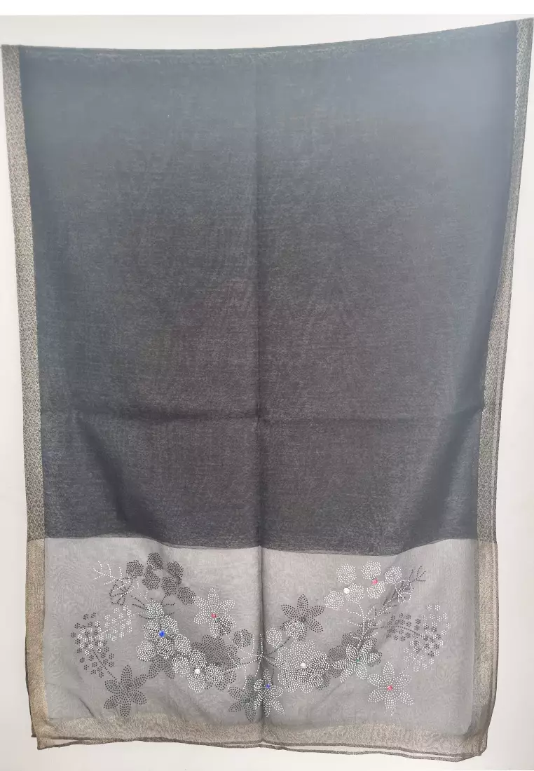 Aksesoris Syal Pesta Wanita Floral Pattern Studs Embellish Silk Shawl Syal Sutra Wanita Evening Shawl Black