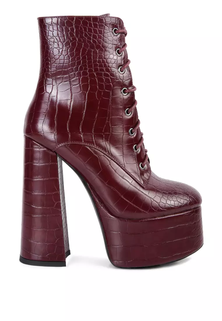 Discount on London Rag  shoes - SKU: Burgundy Croc High Block Heeled Boot