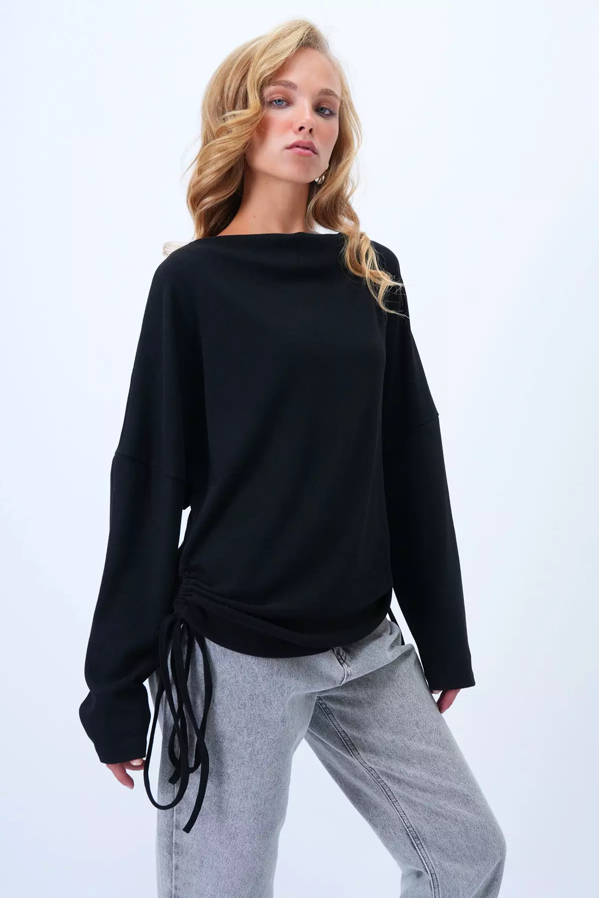 Women's Black Cowl Neck Batwing Sleeve Wide Cut Blouse Alc-X14399