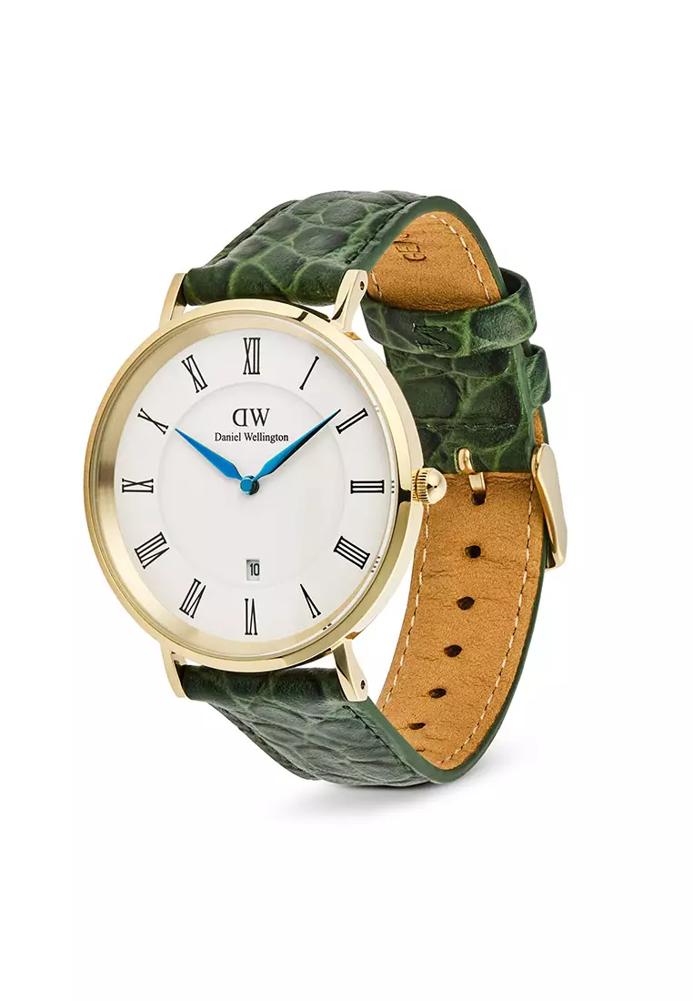 Classic 40mm Roman Numerals Date Dark Green Croc Belly Gold - Men Watch stainless steel Leather strap watch DW Official Authentic Original 男士手錶 不銹鋼 真皮 手錶 DW 官方 正品