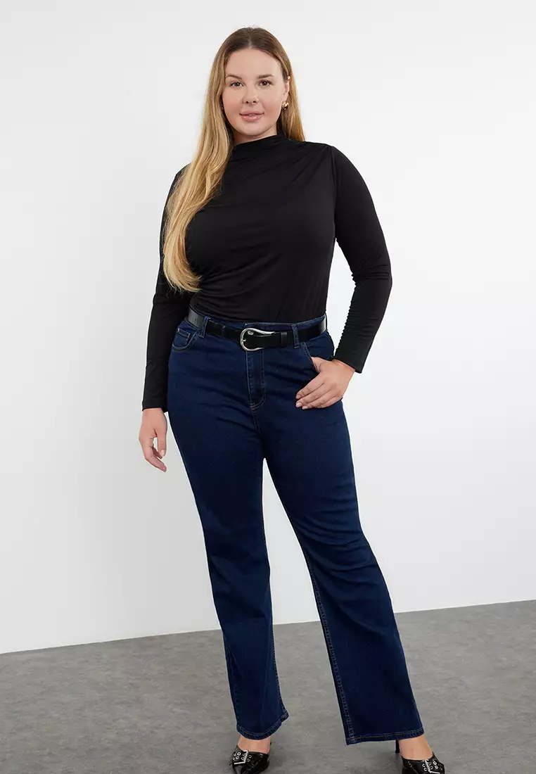 Black Stand Collar Gather Detail Body Fitting Knitted Plus Size Blouse Tbbaw25Af00014