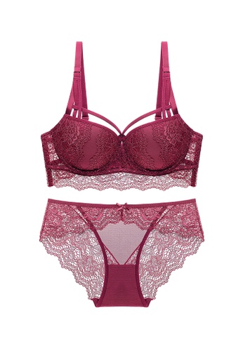 ZITIQUE red Women's 3/4 Cup Gathered Lace Lingerie Set (Bra And Underwear)  - Wine Red D87ADUS351A529GS_1