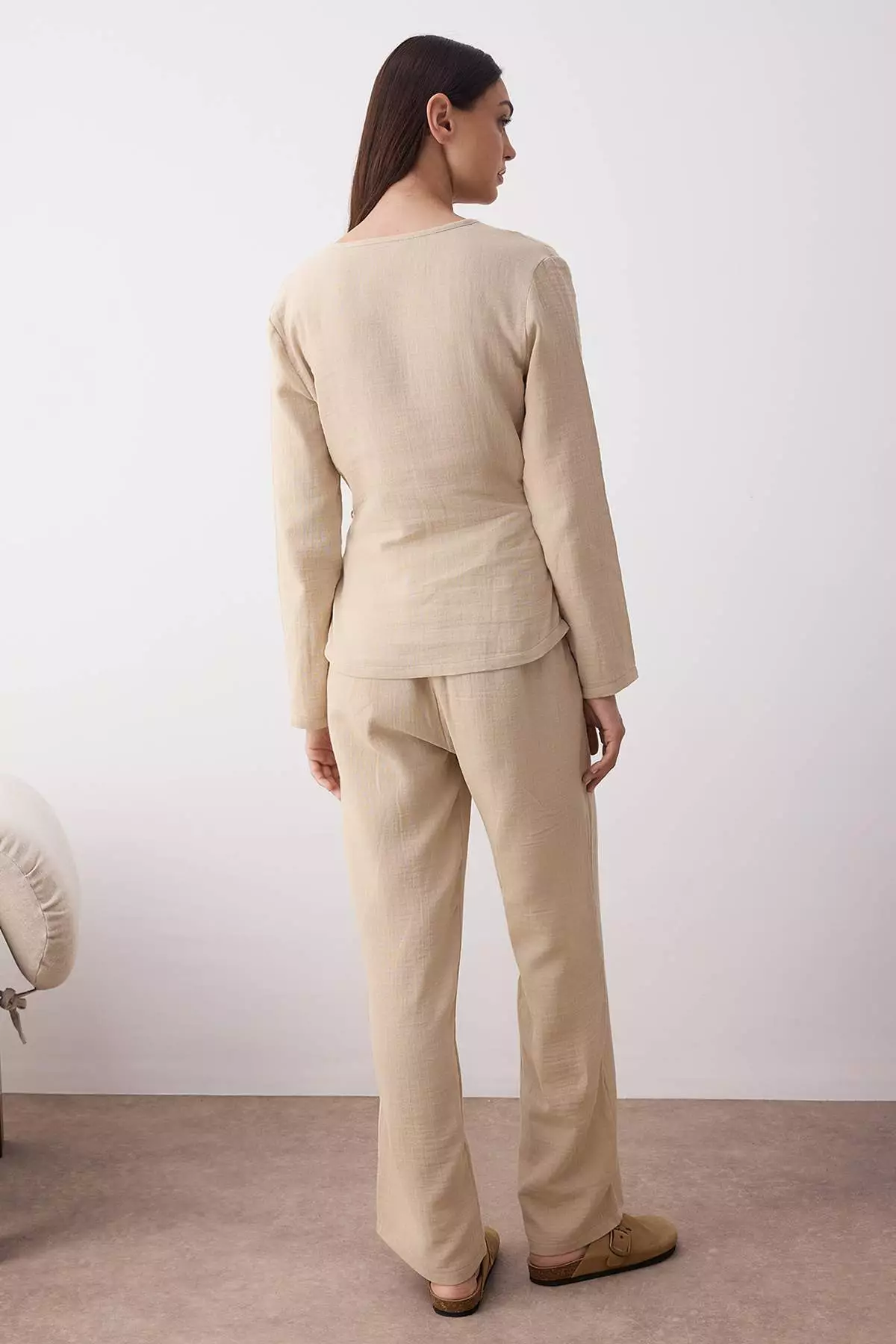 Beige 100% Cotton Tie Detailed Double Breasted Collar Muslin Woven Pajama Set Thmaw26Pt00022