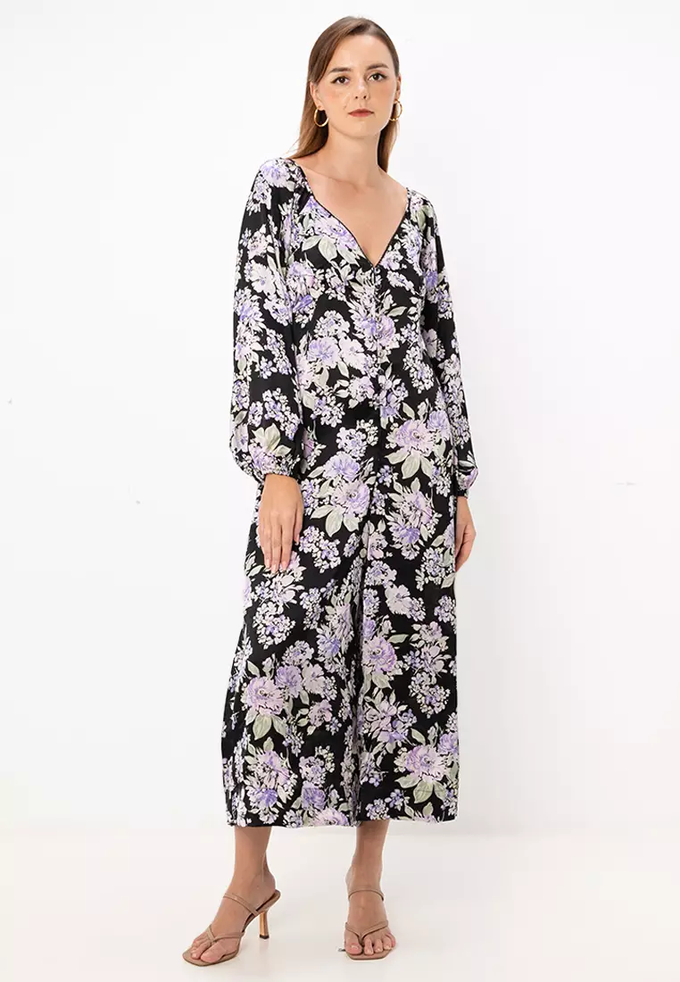 Button Front Tea Jumpsuit With Lace Insert