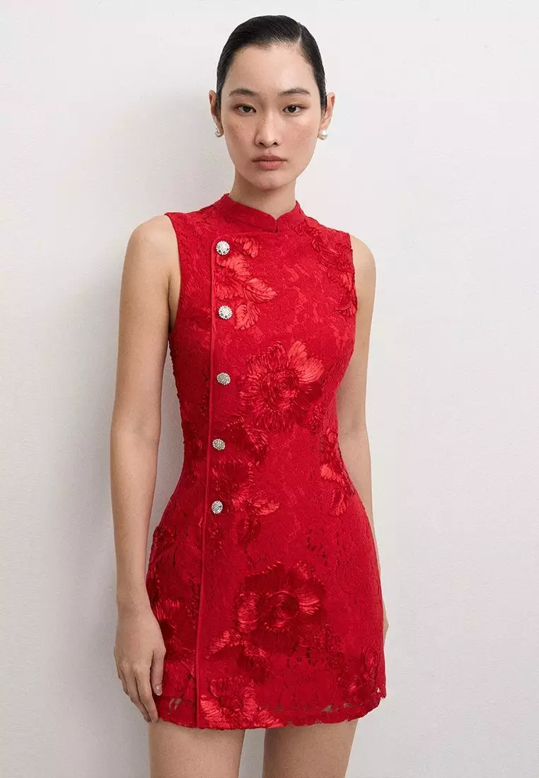 Crystal Buttons Lace Mini Dress - Red