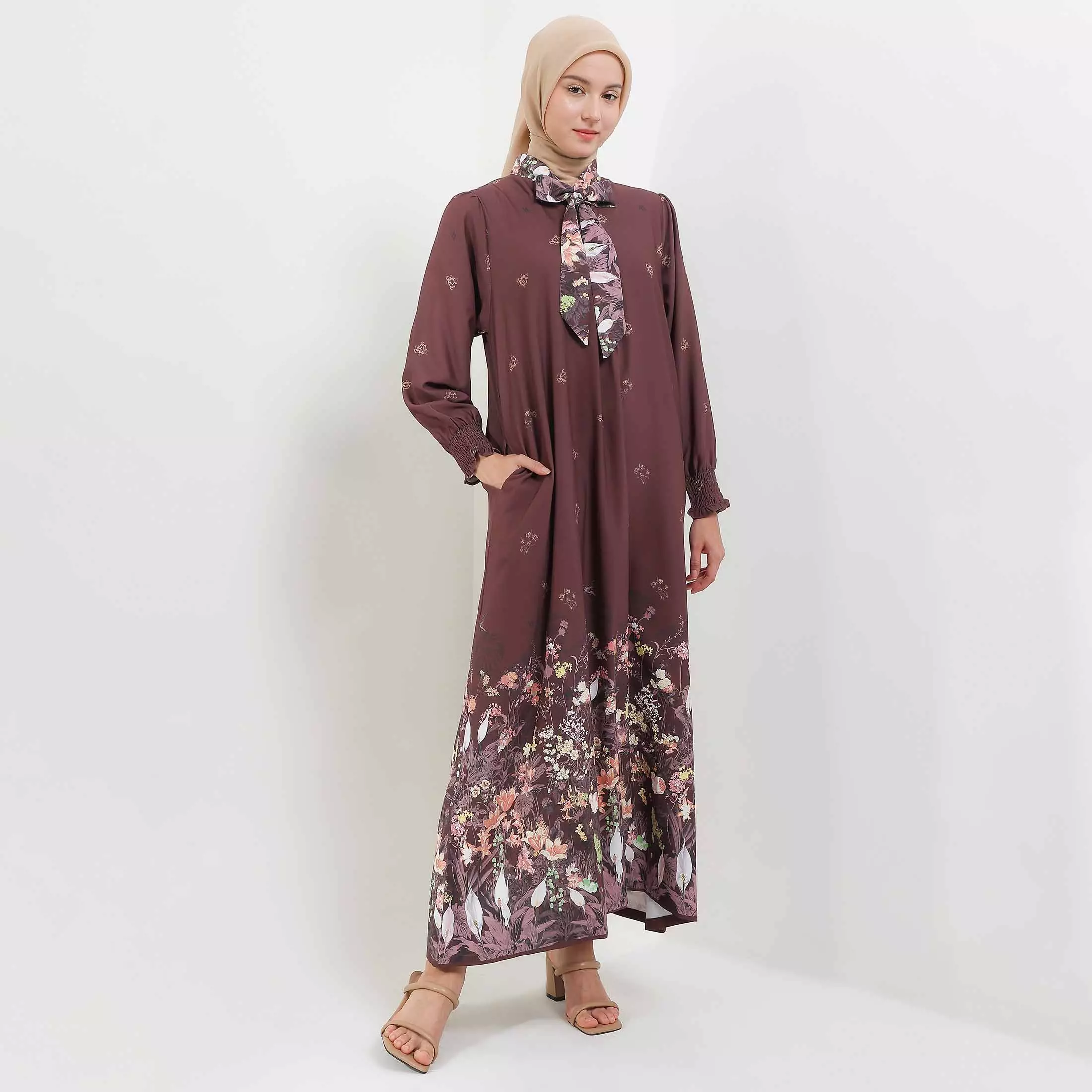 MFMW Alishbah Dress Gamis Cinnamon Satin Motif Bunga