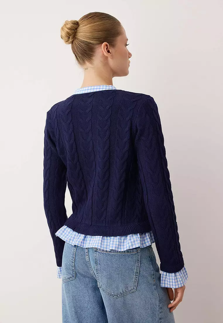 Navy Blue Plaid Garni Collar Detailed Knitwear Cardigan Twoaw26Hi259