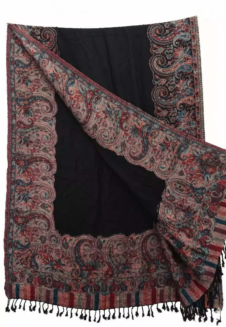 Aksesoris Syal Hand Made Embroidered Paisley Border Premium Shawl Viscose Pashmina Syal Wanita Black & Multi