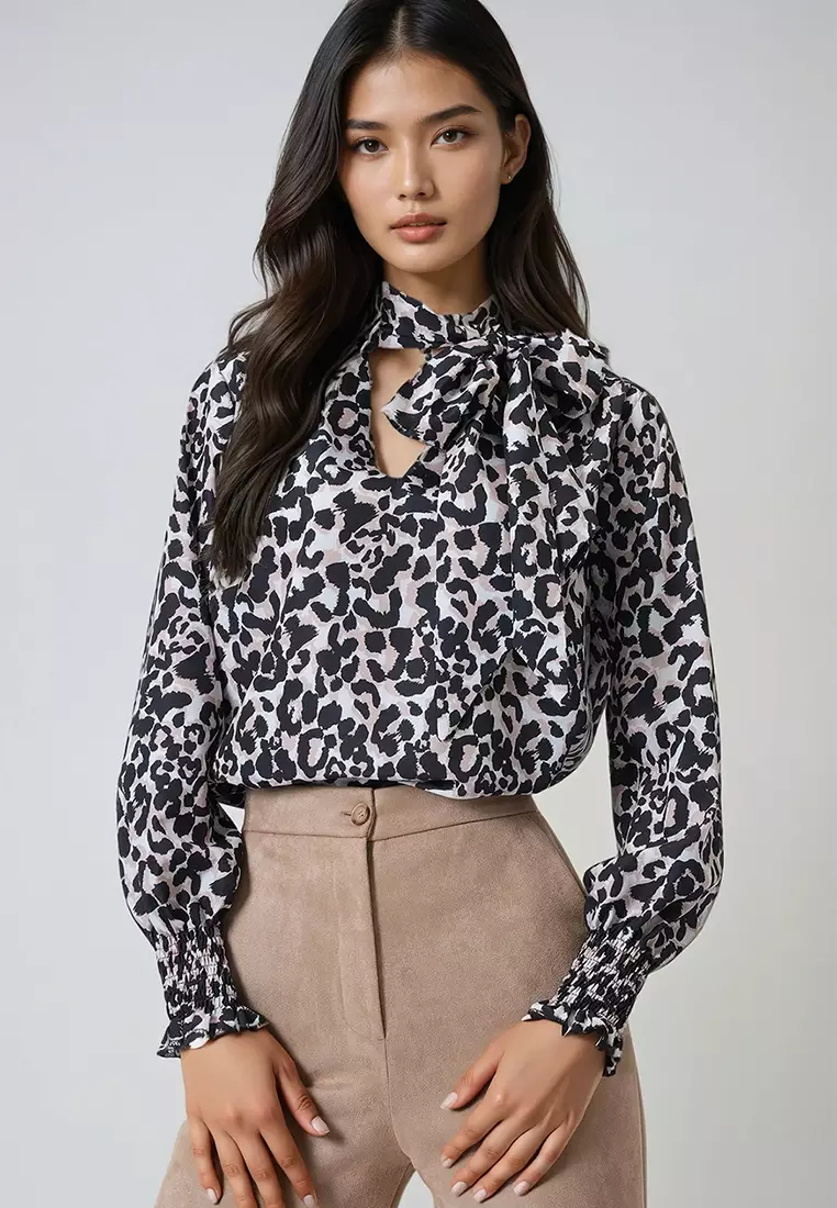 V-Neck Tie Detail Crepe Blouse