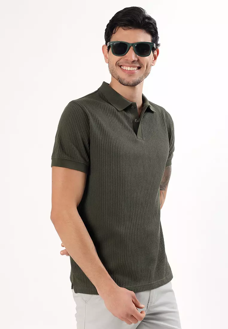 Mens Short Sleeve Textured Fabric Olive Cotton Polo Shirt/T-shirt, Short Sleeve,Sports-Casual, Activewear