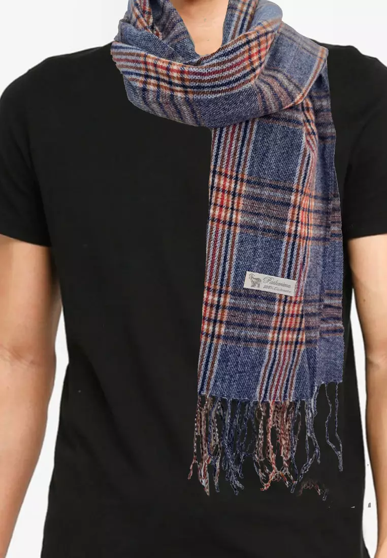 Aksesoris Pria Checked Plaid Cashmere Men's Shawl Syal Pria Denim Blue
