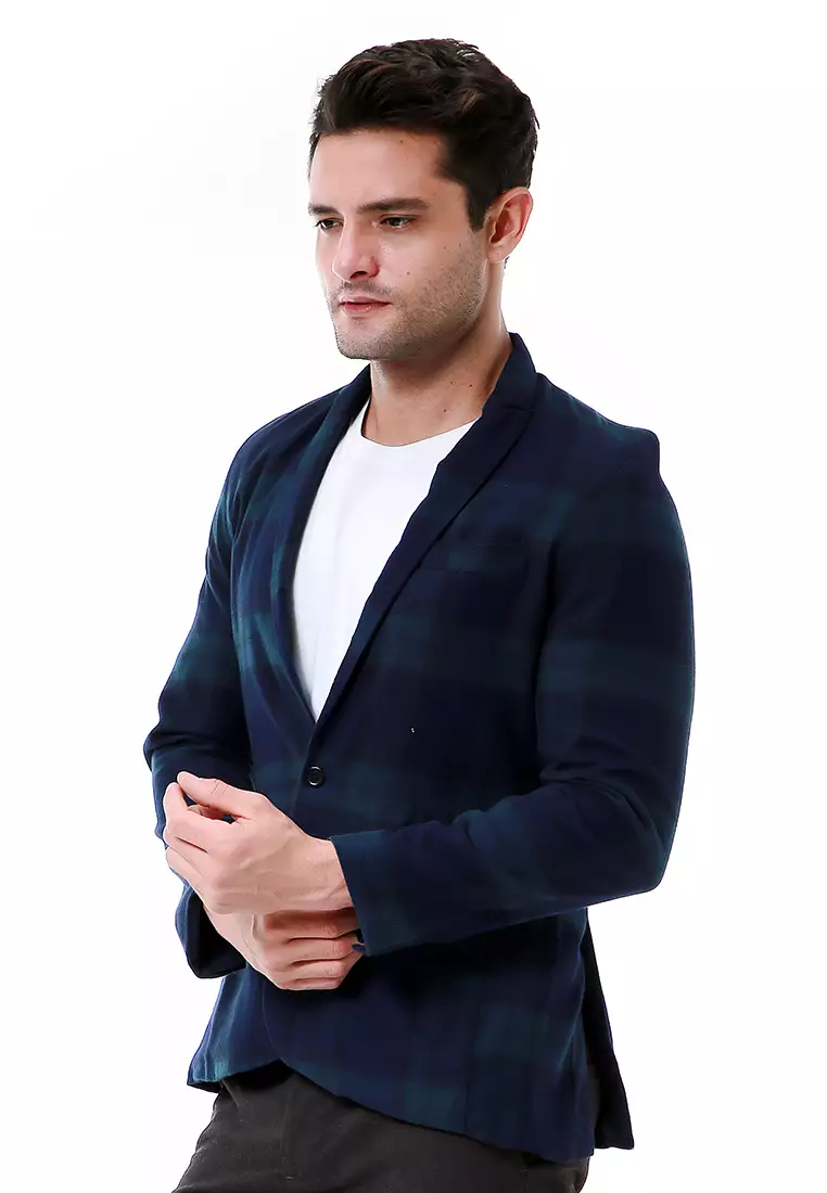 Elard Outerwear Pria Blazer Formal Lengan Panjang Plaid Motive Material Wool ORIGINAL - Green Navy
