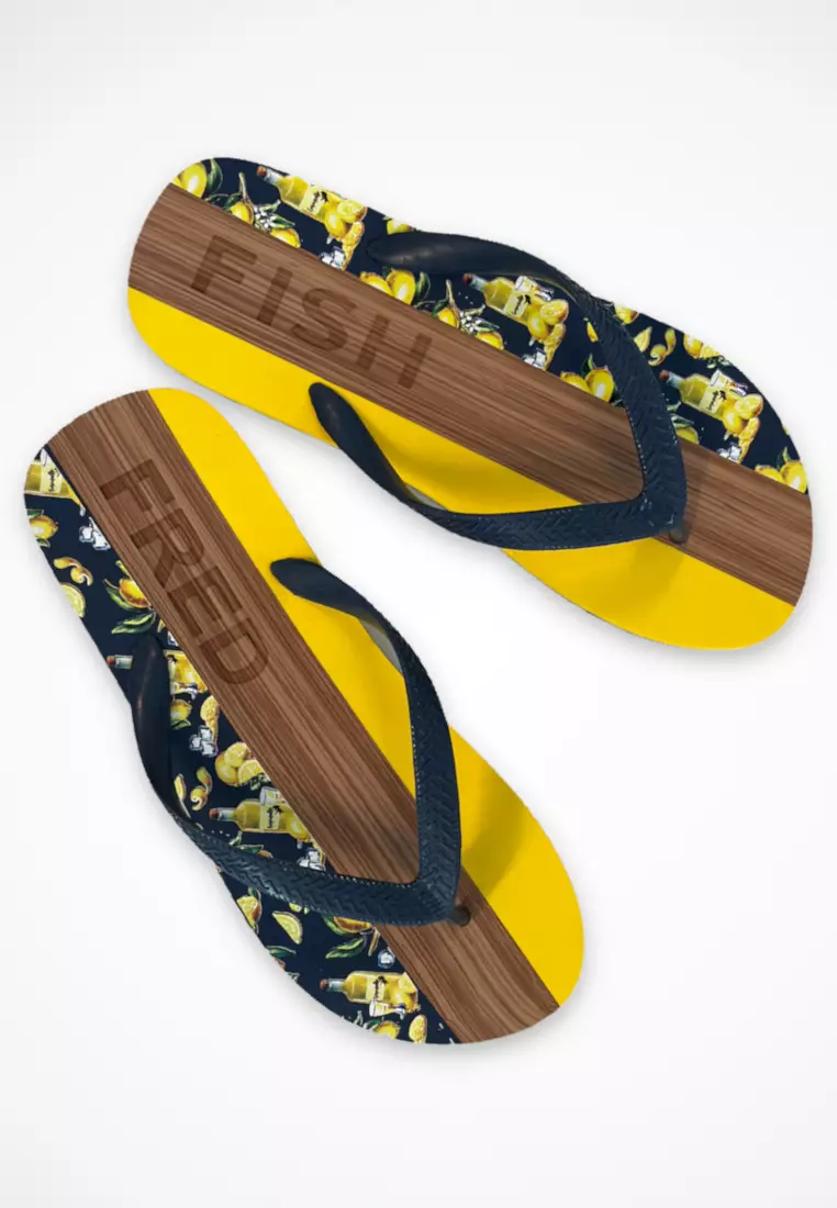 Discount on A Fish Named Fred  shoes - SKU: Flip Flop- Lemons And Printed Wooden Design In Yellow