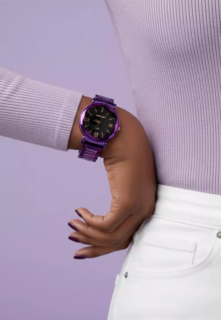 Romish Watch Embellished with Glittering Crystals - Purple and Black