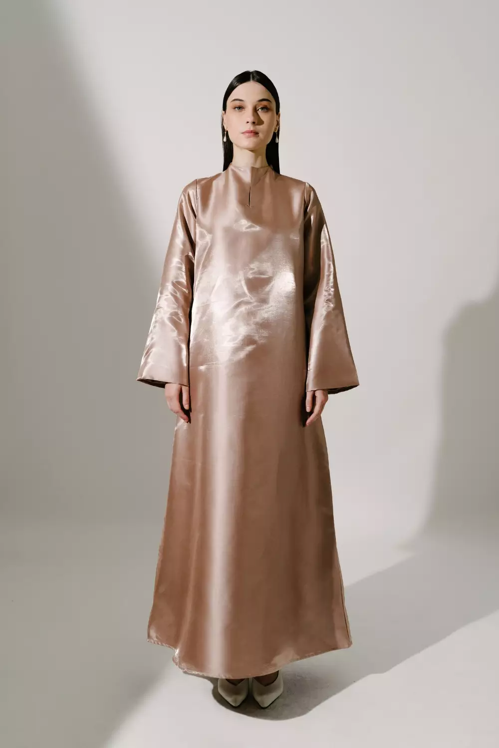Demure Studio - YARA DRESS IN SHIMMER TAUPE - MODEST DRESS- KAIN MIKADO