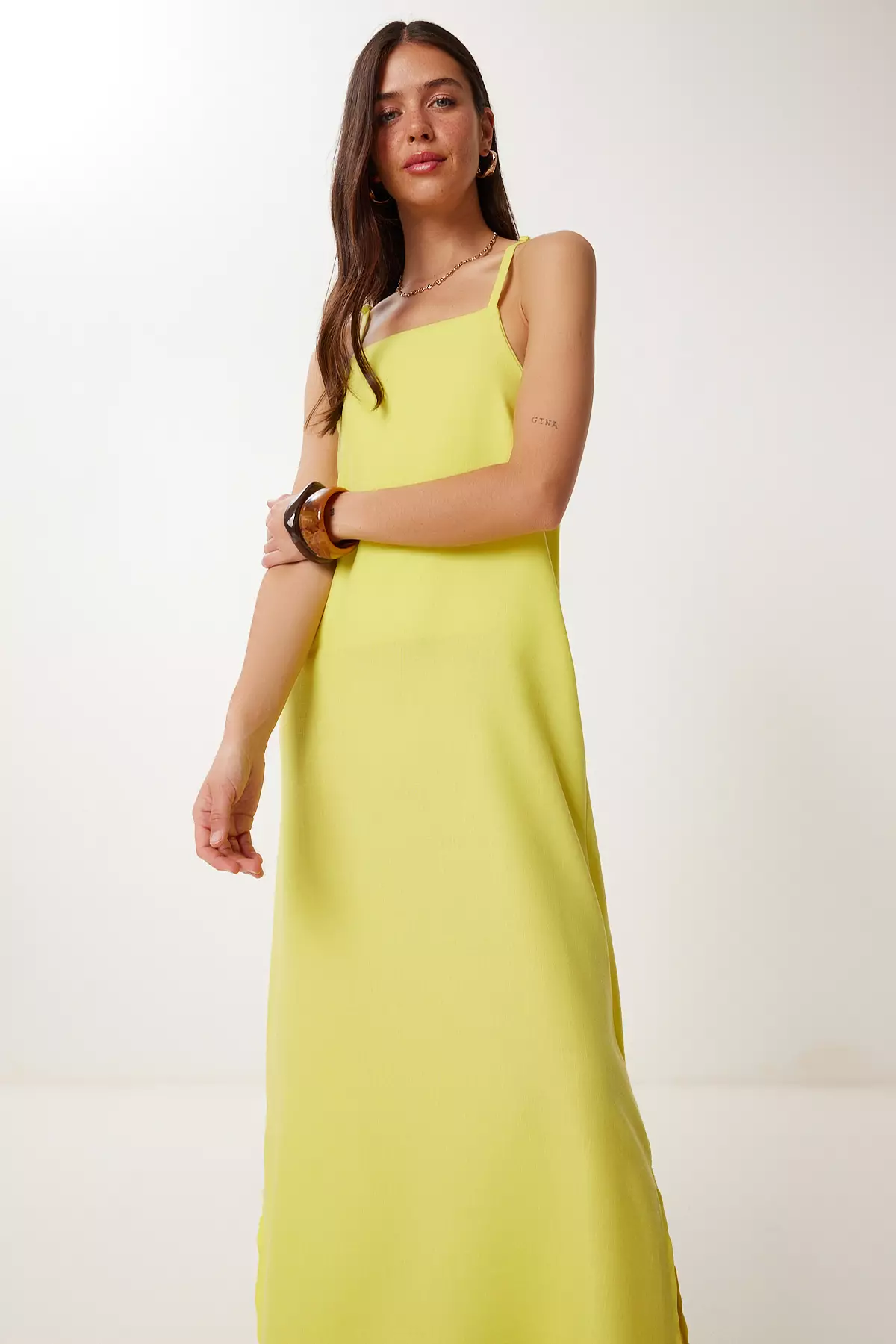 Women's Yellow Strap Summer Linen Dress Dz00129