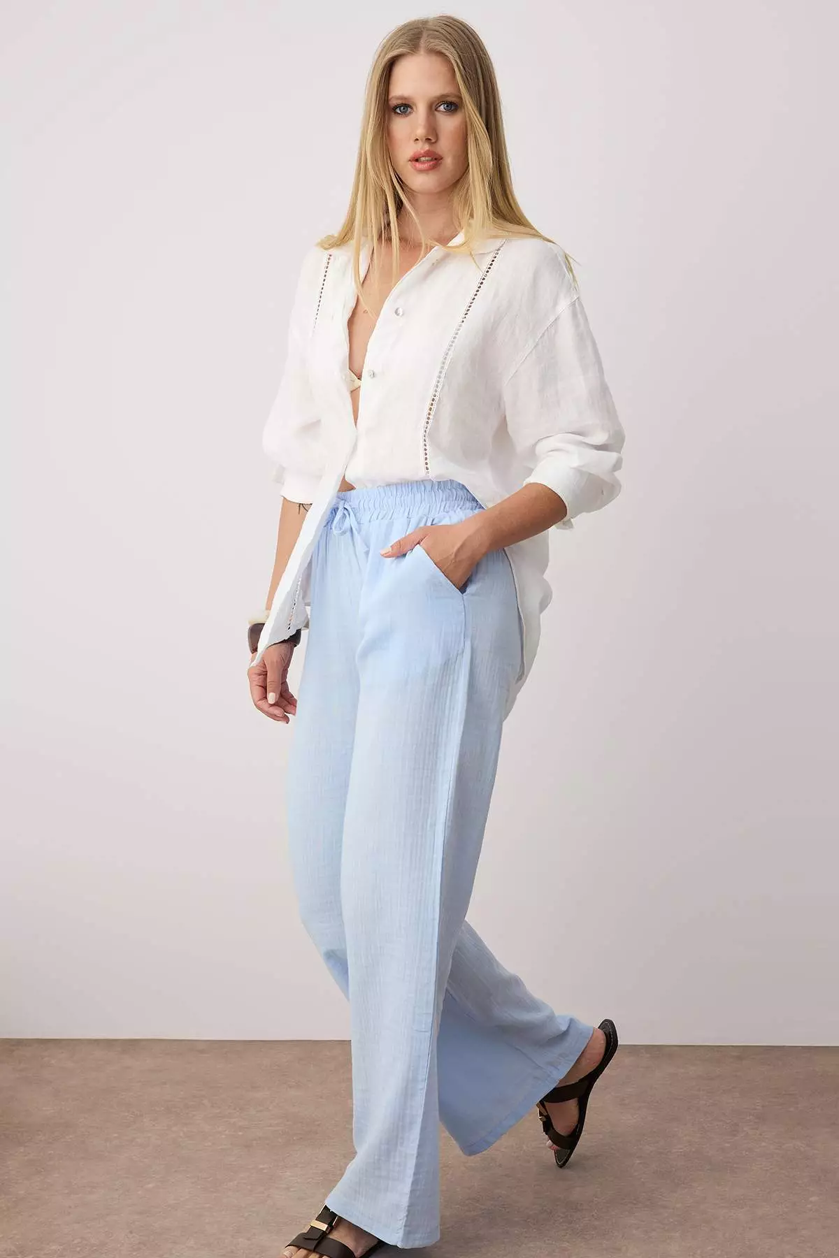 Blue Muslin Elastic Waist High Waist Wide Leg Pants