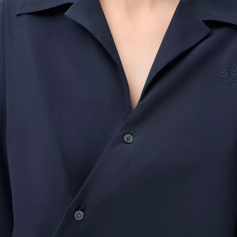 Cotton Shirt with Asymmetric Front and Diagonal Placket Dark Navy