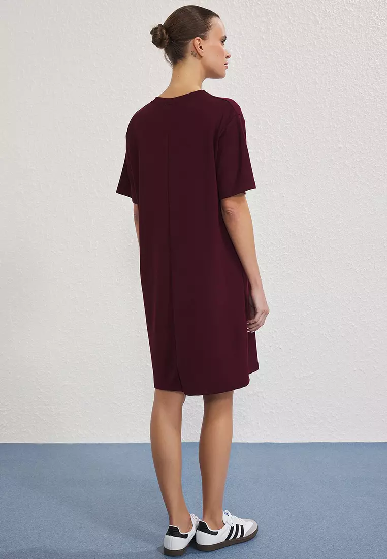 Claret Red Soft Ribbed Shift/Straight Cut Mini Knit Dress TWOSS25EL00778