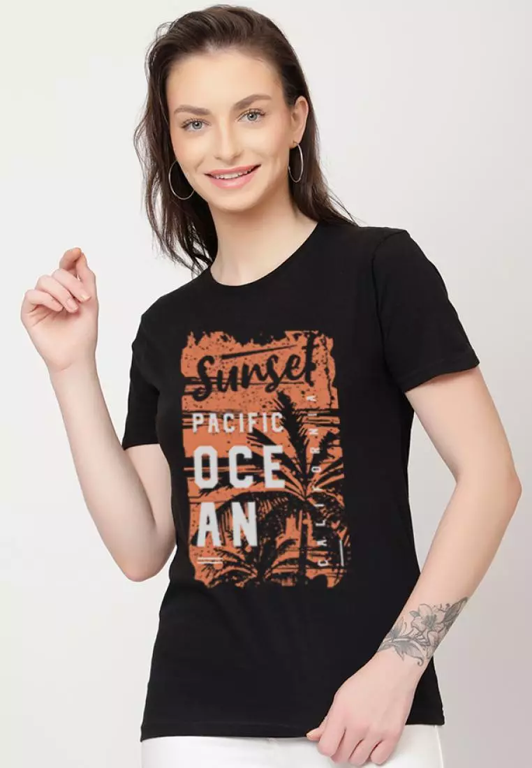Sunset PrintClassic Relaxed Short Sleeve Stylish Black Cotton Casual Graphic Print Tee/TShirt