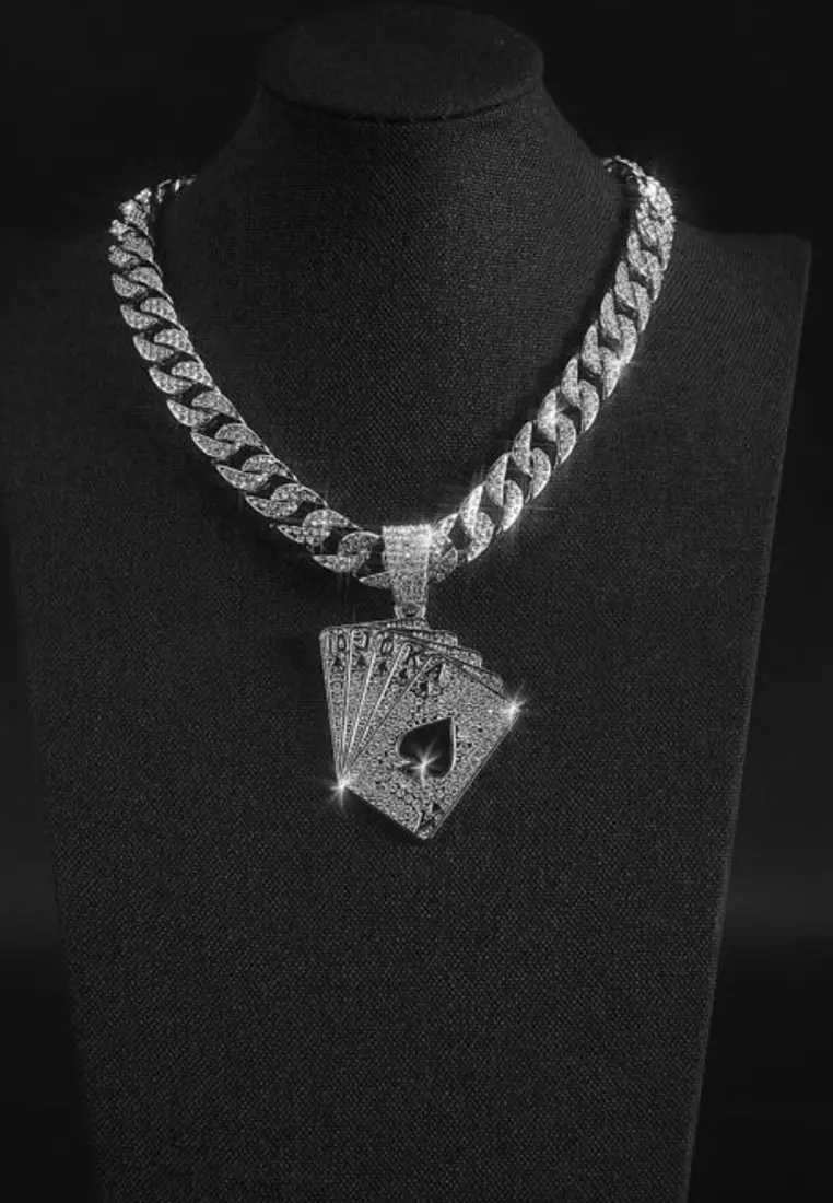 Aksesoris Pria Rhinestones Ace Of spades Studded Kalung Pria Premium Stainless Steel Necklace Silver