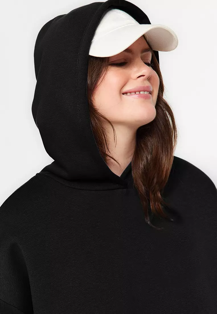 Black Hooded Slogan Detailed Fleece Thick Knitted Sweatshirt Tbbaw24Ao00018
