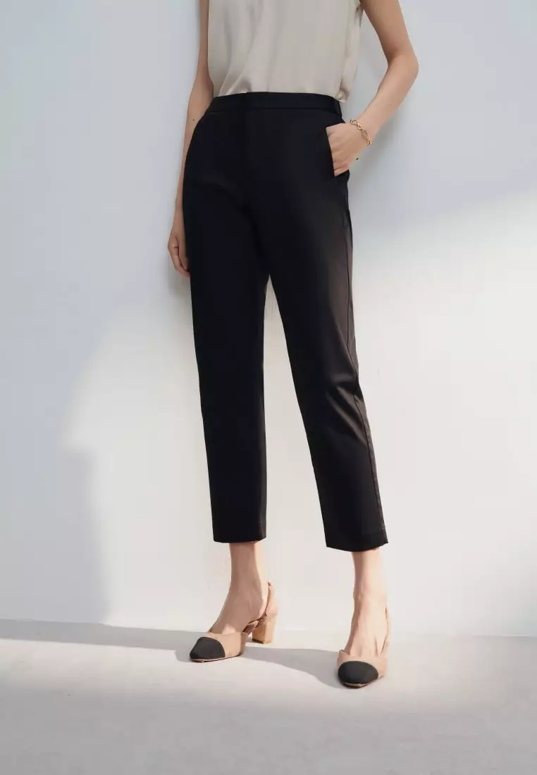 Cotton Blend Spandex Satin Cropped Cigarette Pants With Elastic Waistband