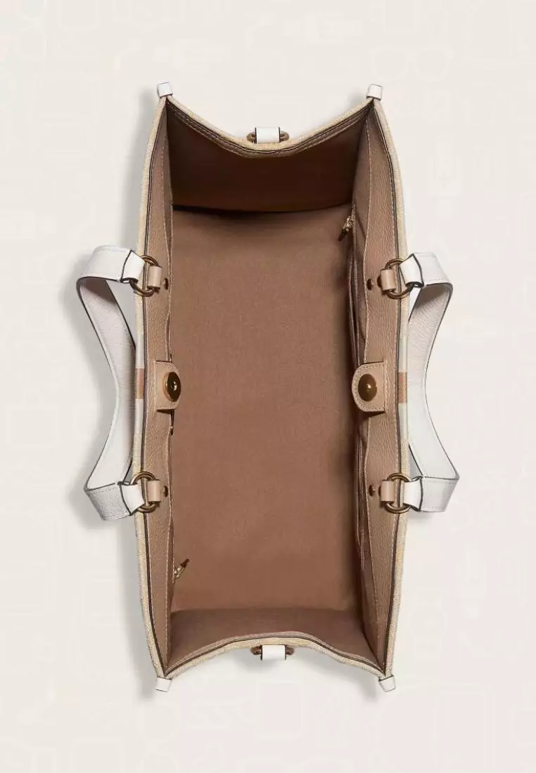 Coach Dempsey Tote 40 In Signature Jacquard With Stripe And Coach Patch Light Khaki Chalk