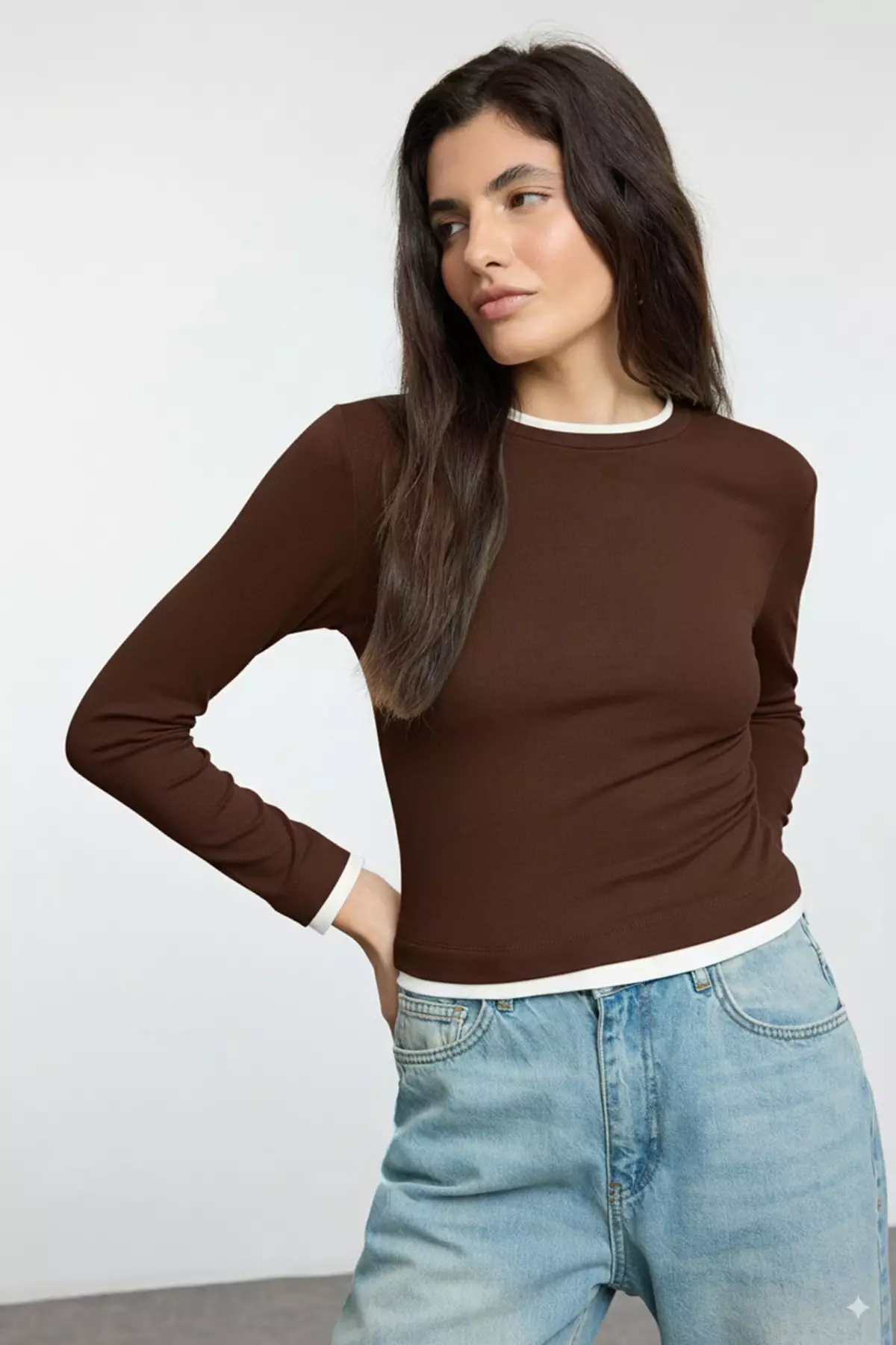 Brown Color Block Fitted/Body-Smoothing Viscose/Soft Fabric Flexible Knitted Blouse