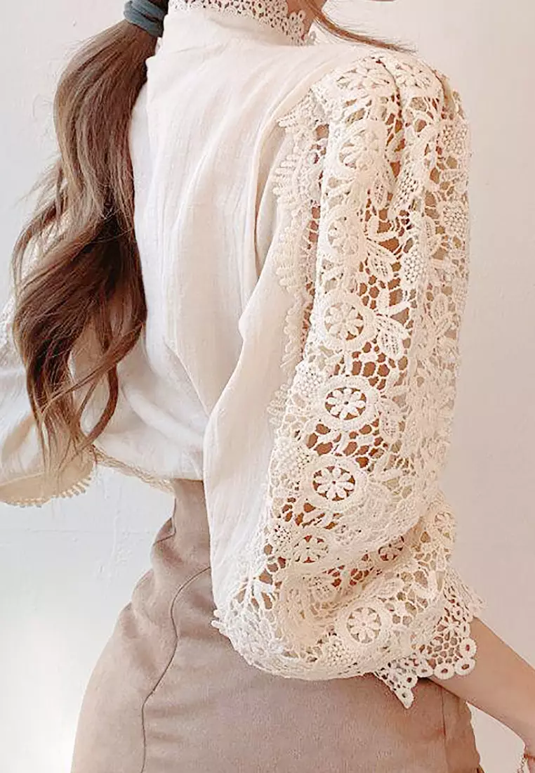 VANSA Lace Cutout Long Sleeve Shirt VCW-Bs1880