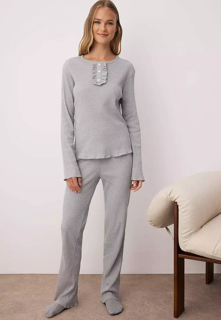 Gray Melange Half Placket Ruffle Ribbed Knitted Pajama Set