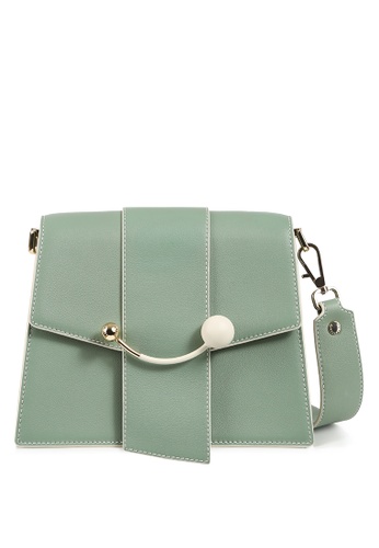 Strathberry green and beige BOX CRESCENT SHOULDER BAG - SAGE WITH VANILLA STITCH 579B7AC4D1DF5AGS_1
