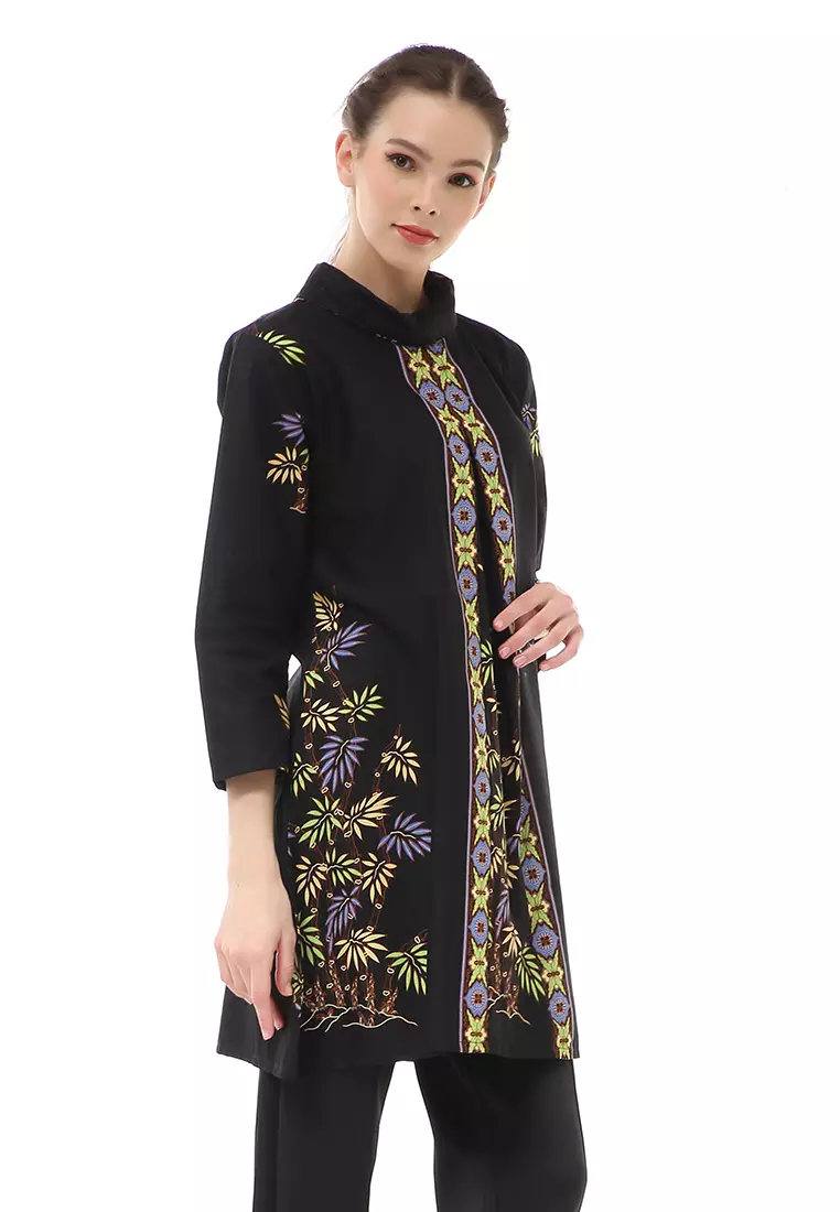 Olaf Atasan Batik Wanita Tunik Traditional Motive Desain Belah Tengah Material Cotton ORIGINAL - Black Blue