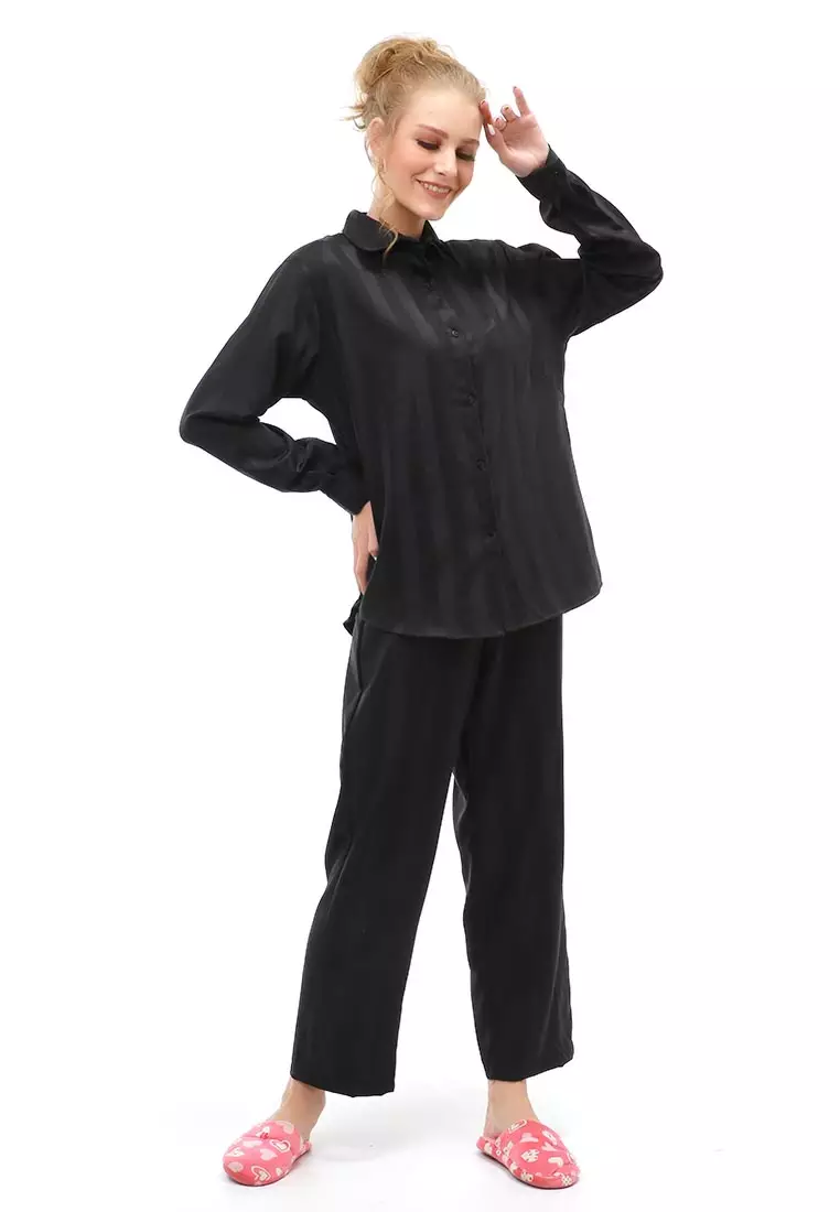 Vance Pajamas Salur Setelan Baju Tidur Wanita Lengan Panjang Material Cotton Silky ORIGINAL - Black